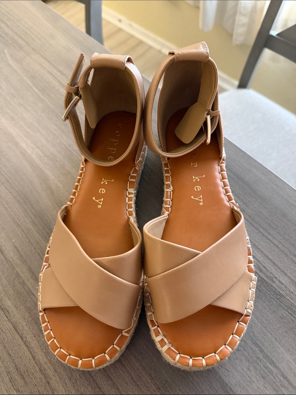 Copper Key Women's Nude Tan Cross-Strap Ankle Buckle Espadrille Sandals 9.5